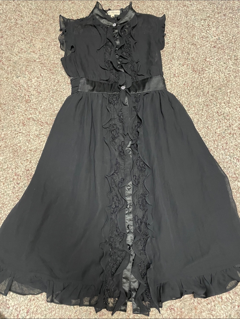 Blumarine 100% silk lace floral beaded sheer top belted waist black dress